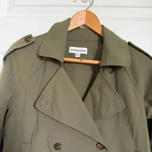Nordstrom Cropped Olive/Green Trench Jacket Double Breasted Lightweight Coat xs - Picture 5 of 8